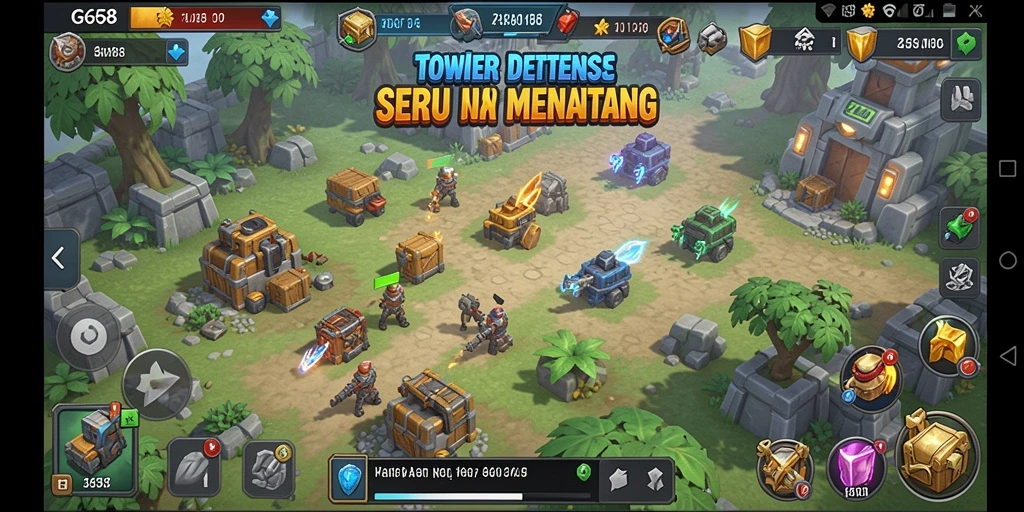 Tangkapan layar G668 menampilkan aksi seru pertahanan menara dalam permainan Tower Defense.