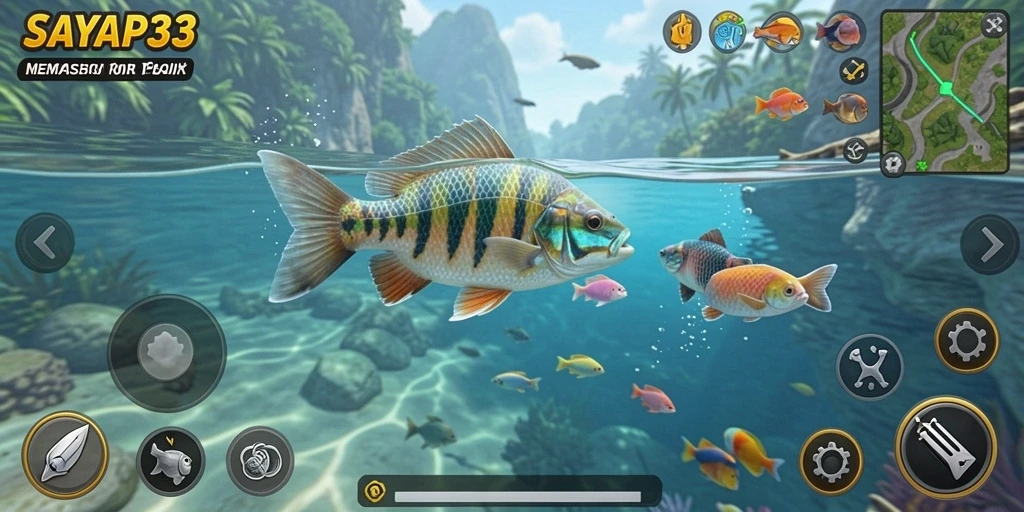 Screenshot utama <strong>SAYAP33</strong> menampilkan pemain yang sedang memancing di lokasi indah.